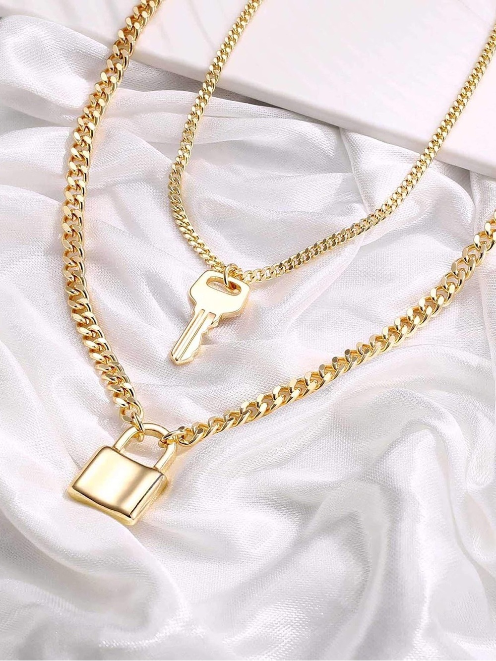 Set of 2 Dainty Choker Necklaces Lock and Key